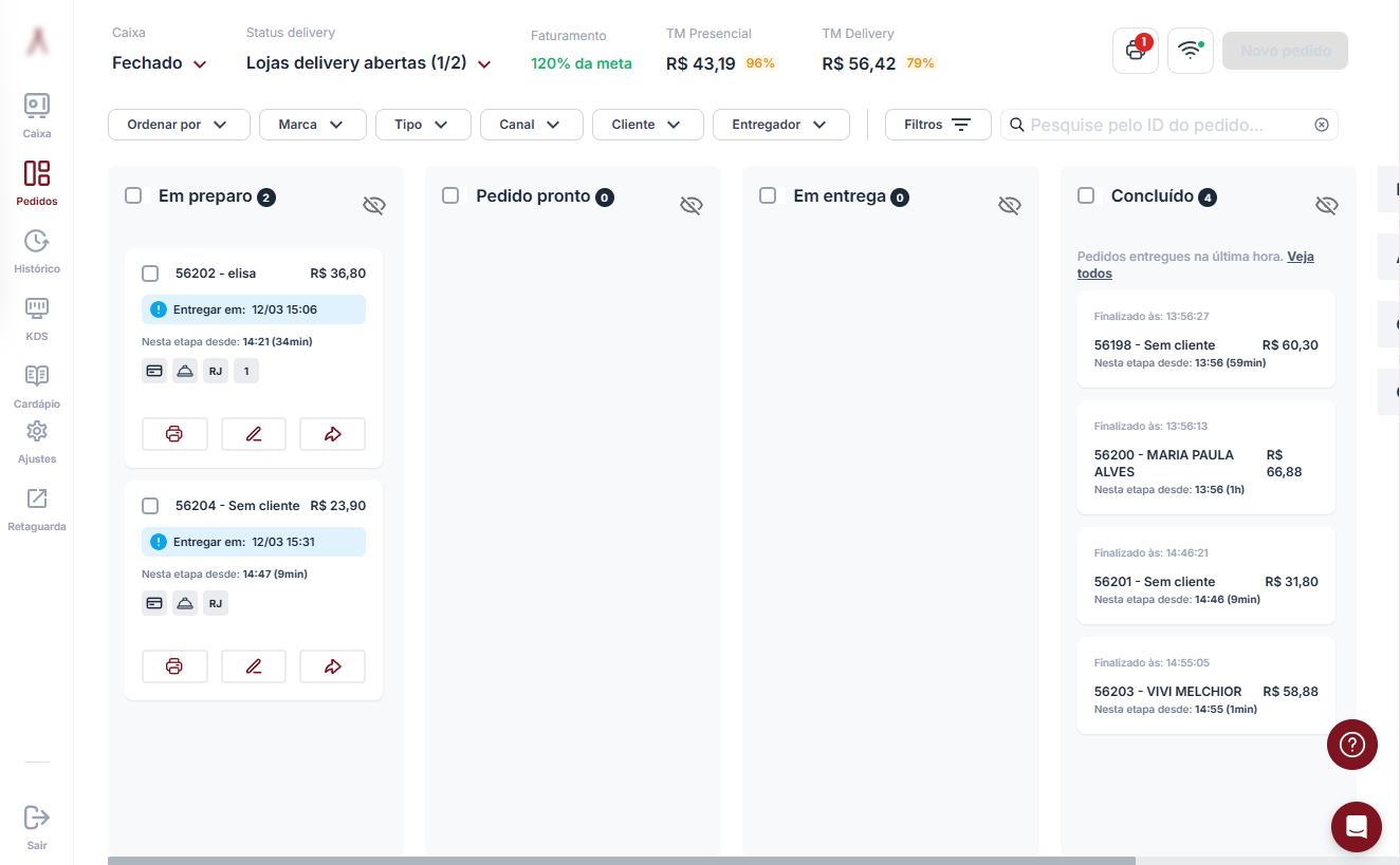 PDV Nola. painel de pedidos