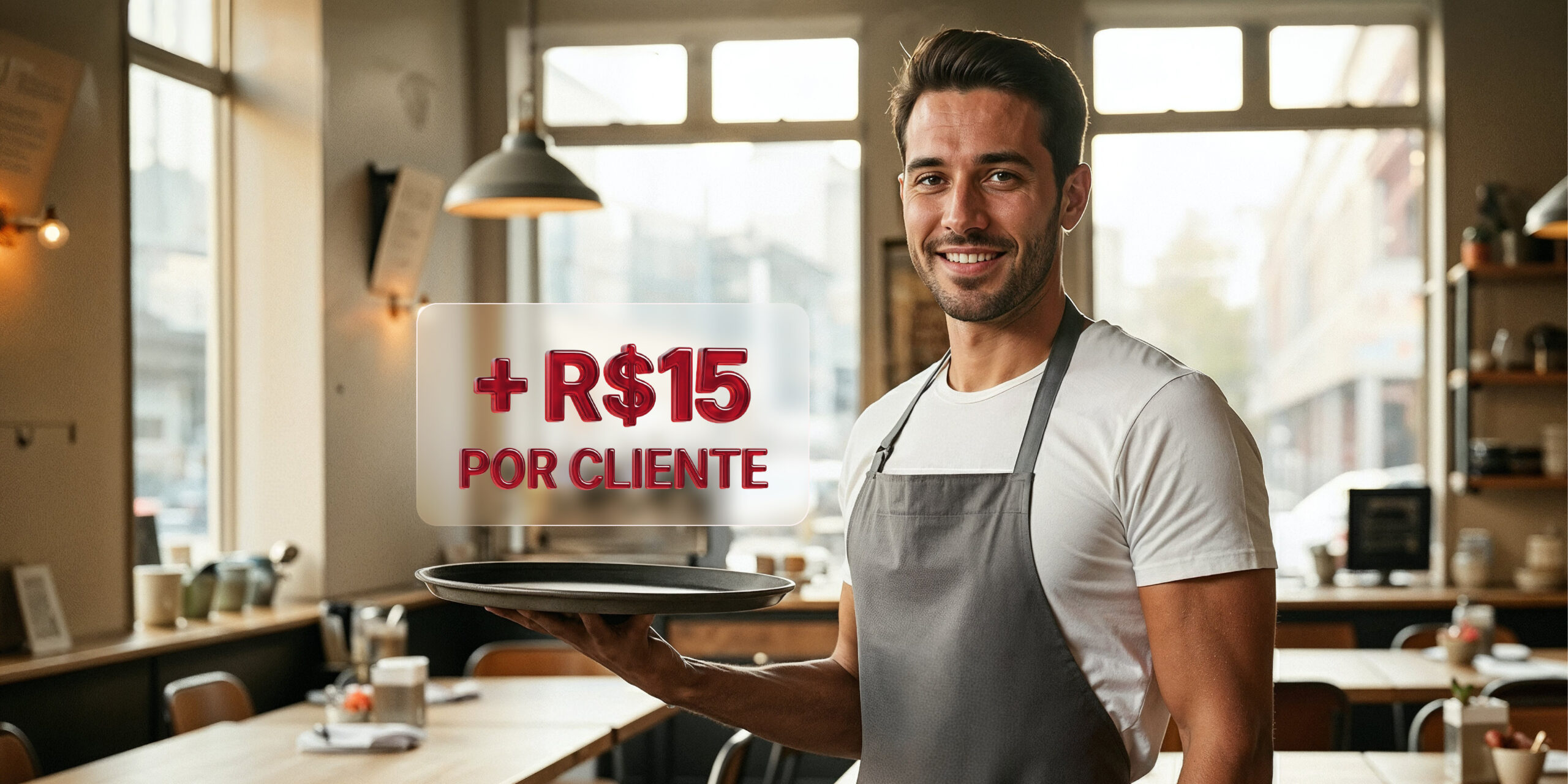 Garçom sorridente segurando uma bandeja em um restaurante, ilustrando como fazer clientes gastarem mais no restaurante usando técnicas de upsell.