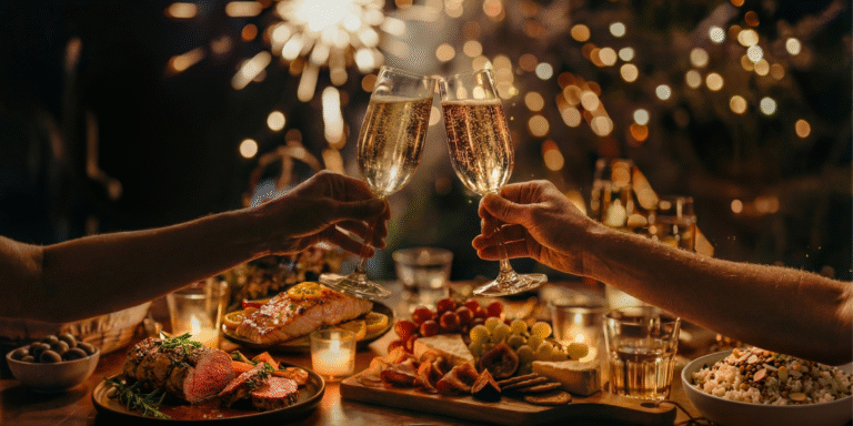 Brinde com taças de espumante durante a ceia de Ano Novo em restaurante, com mesa posta e clima festivo.