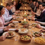 Mesa longa em restaurante com grupo corporativo reunido para confraternização de fim de ano, pratos servidos de forma padronizada, ambiente organizado e profissional, representando planejamento e previsibilidade na operação do restaurante.