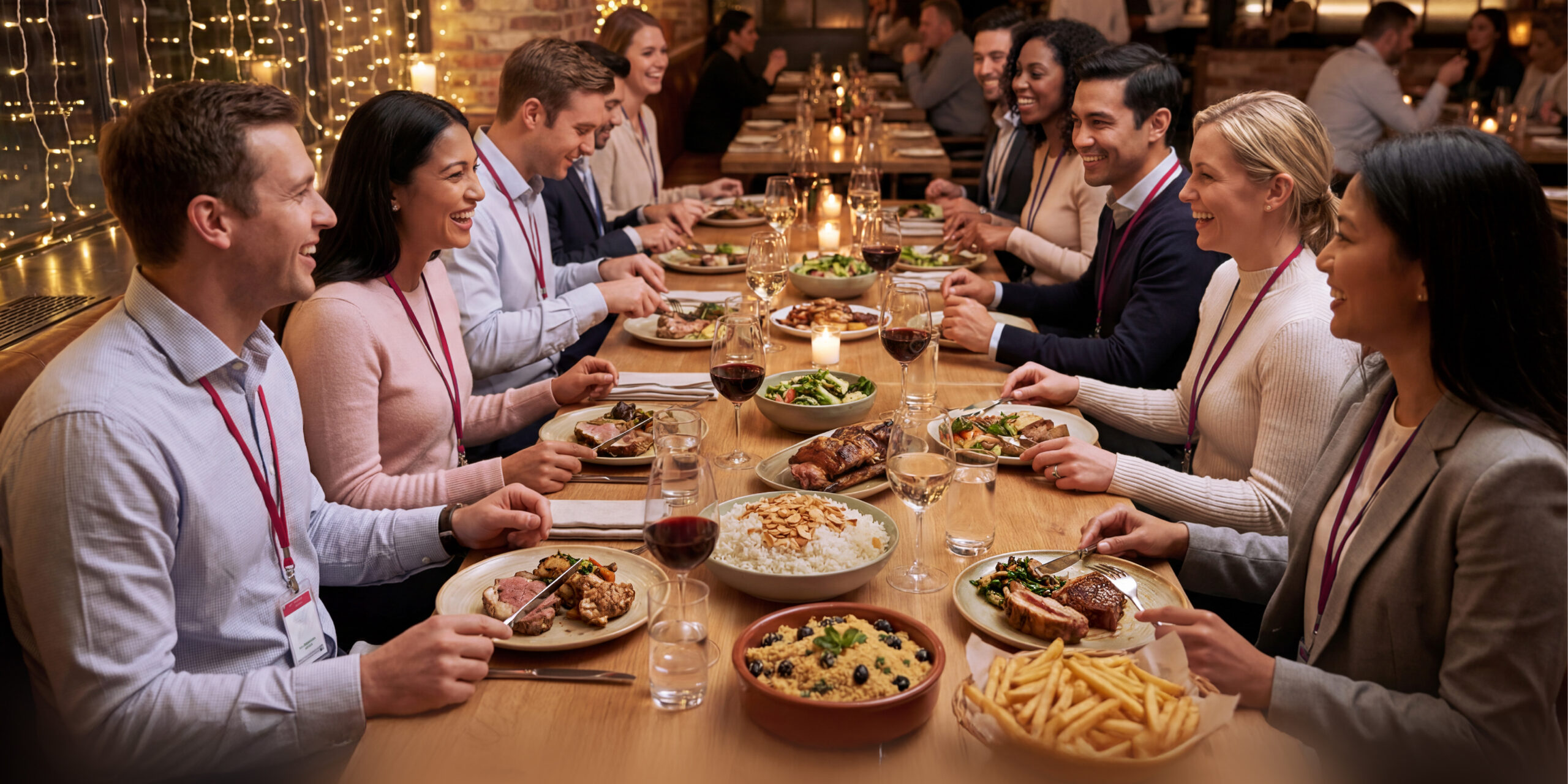 Mesa longa em restaurante com grupo corporativo reunido para confraternização de fim de ano, pratos servidos de forma padronizada, ambiente organizado e profissional, representando planejamento e previsibilidade na operação do restaurante.