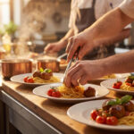 Cozinheiros preparando vários pratos de massa em uma cozinha profissional durante a alta temporada, simbolizando o aumento de movimento e o risco de desperdício no restaurante.