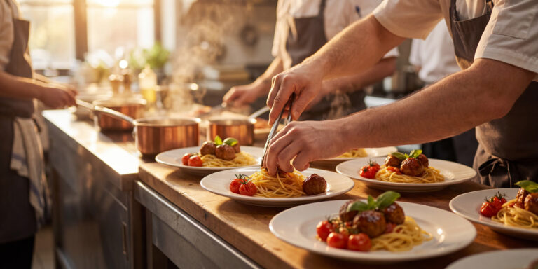 Cozinheiros preparando vários pratos de massa em uma cozinha profissional durante a alta temporada, simbolizando o aumento de movimento e o risco de desperdício no restaurante.