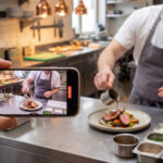 Presença digital para restaurantes no Instagram e TikTok: dono de restaurante criando conteúdo de bastidores e pratos para atrair clientes em 2026.