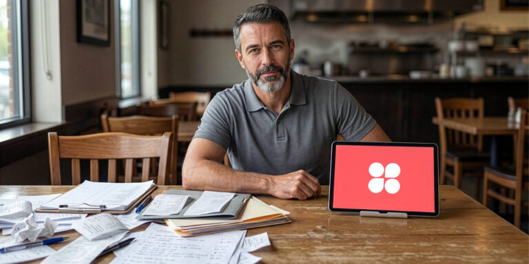 Dono de restaurante analisando relatórios financeiros ao lado de um tablet, representando métricas para melhorar o financeiro do restaurante em 2026