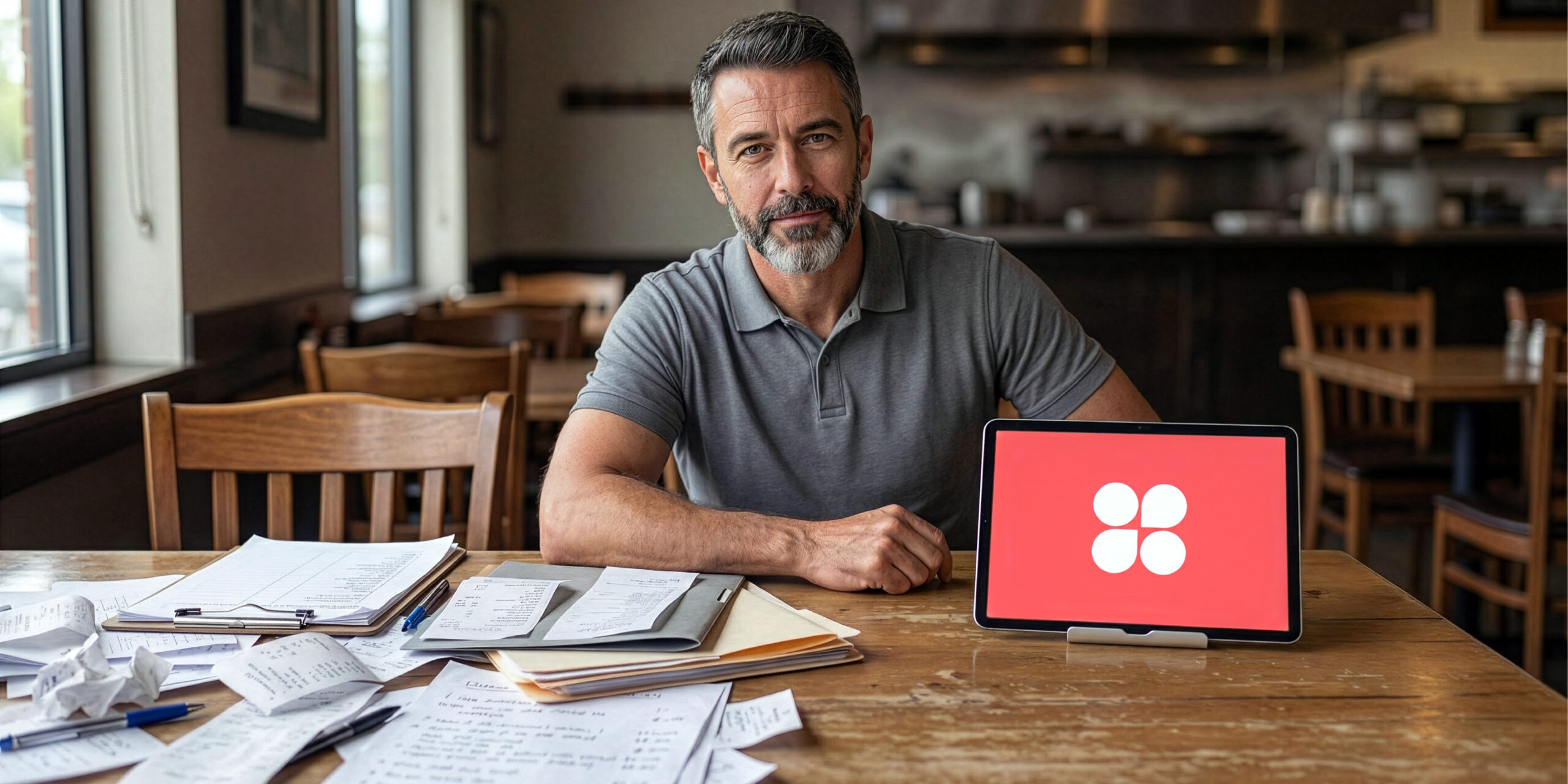 Dono de restaurante analisando relatórios financeiros ao lado de um tablet, representando métricas para melhorar o financeiro do restaurante em 2026