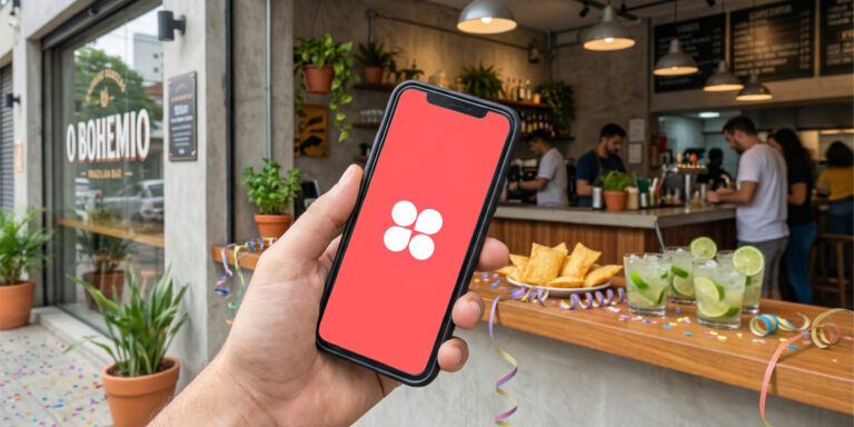 Gestor de restaurante analisando checklist de operação para o Carnaval 2026 em um tablet, com balcão de bar organizado ao fundo.