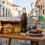 Sacola de delivery aberta com hambúrguer, batata frita, bebida bem gelada e sobremesa, em uma mesa com confetes ao fundo, sugerindo o dia seguinte ao Carnaval.